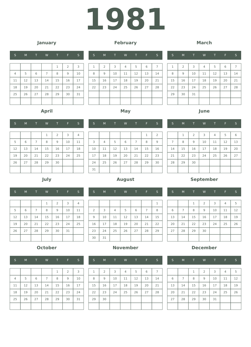 Printable 1981 Year Calendars feldgrau