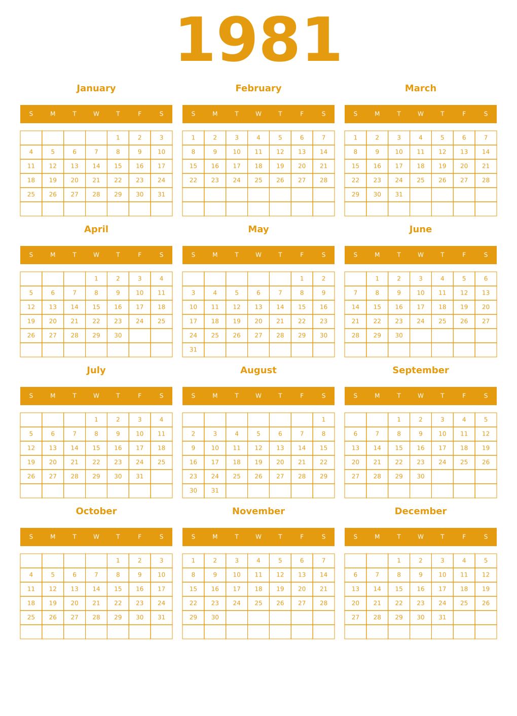 Printable 1981 Year Calendars gamboge