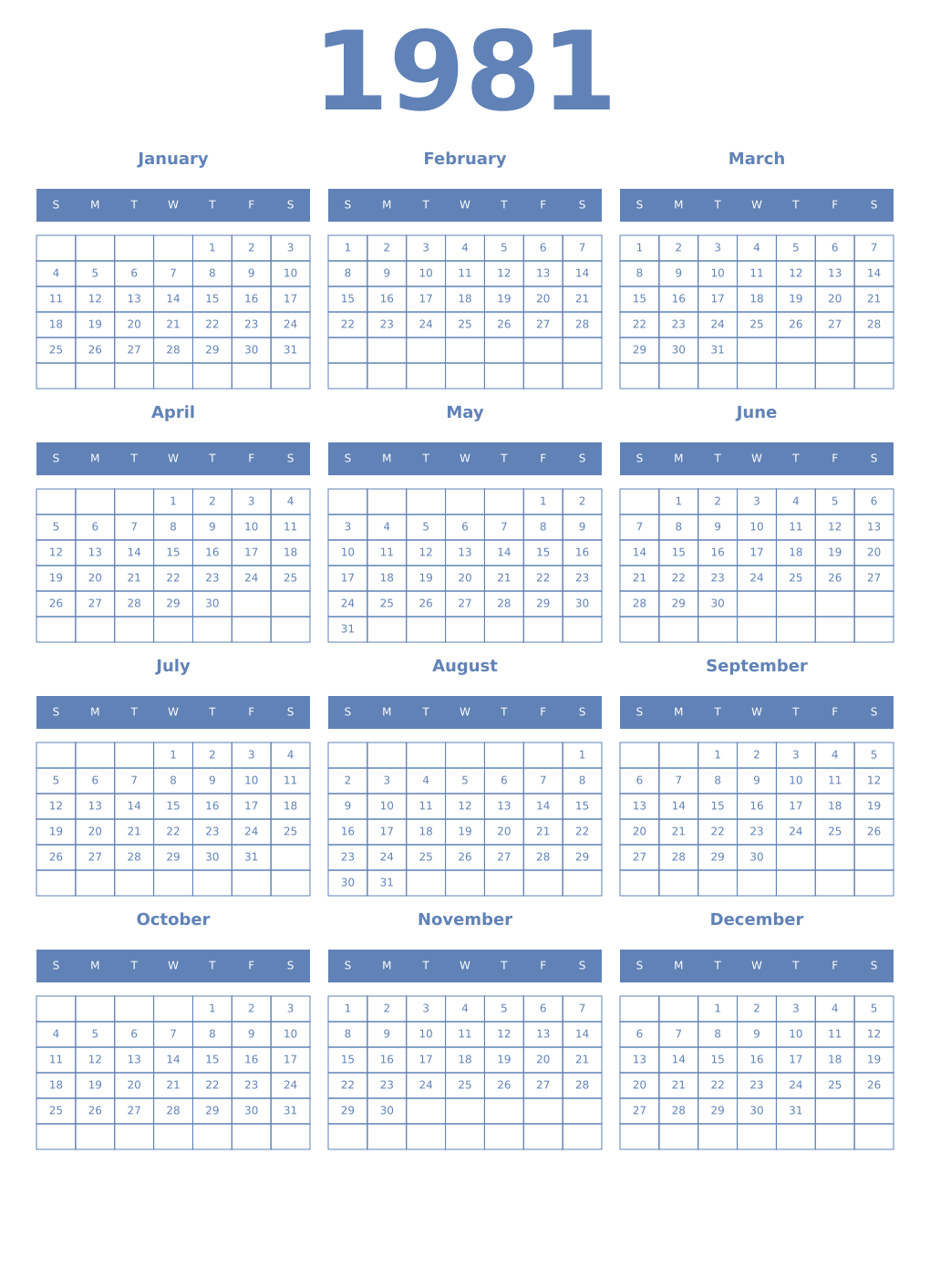 Printable 1981 Year Calendars glaucous