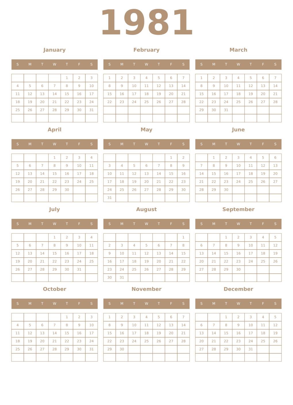Printable 1981 Year Calendars isabelline