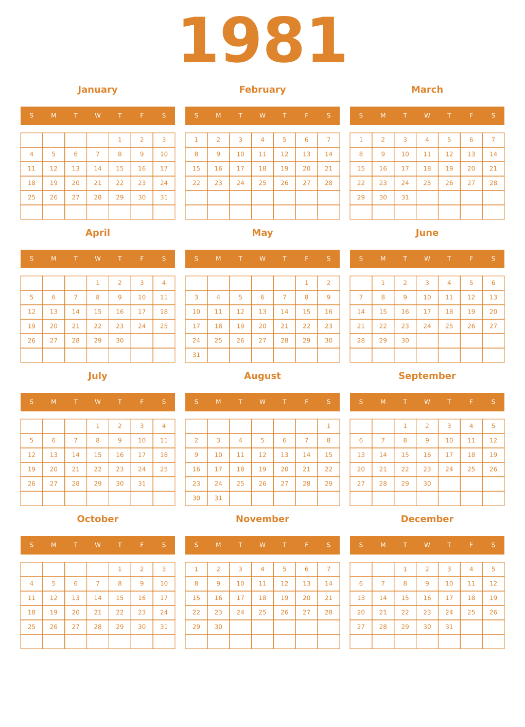 Printable 1981 Year Calendars orange