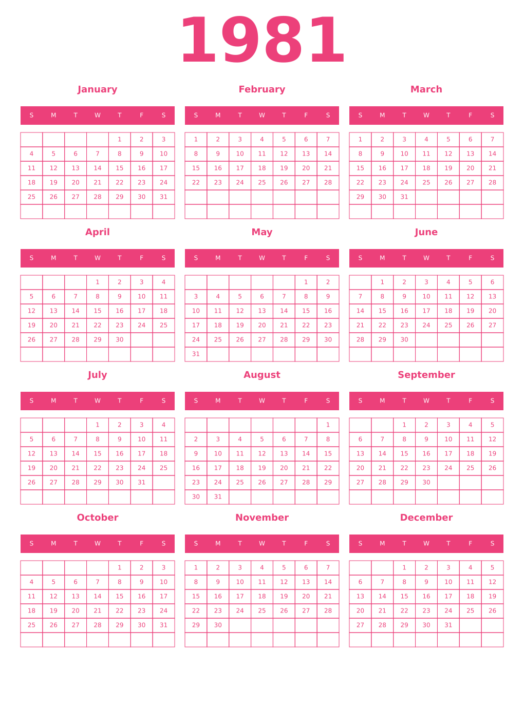Printable 1981 Year Calendars pink