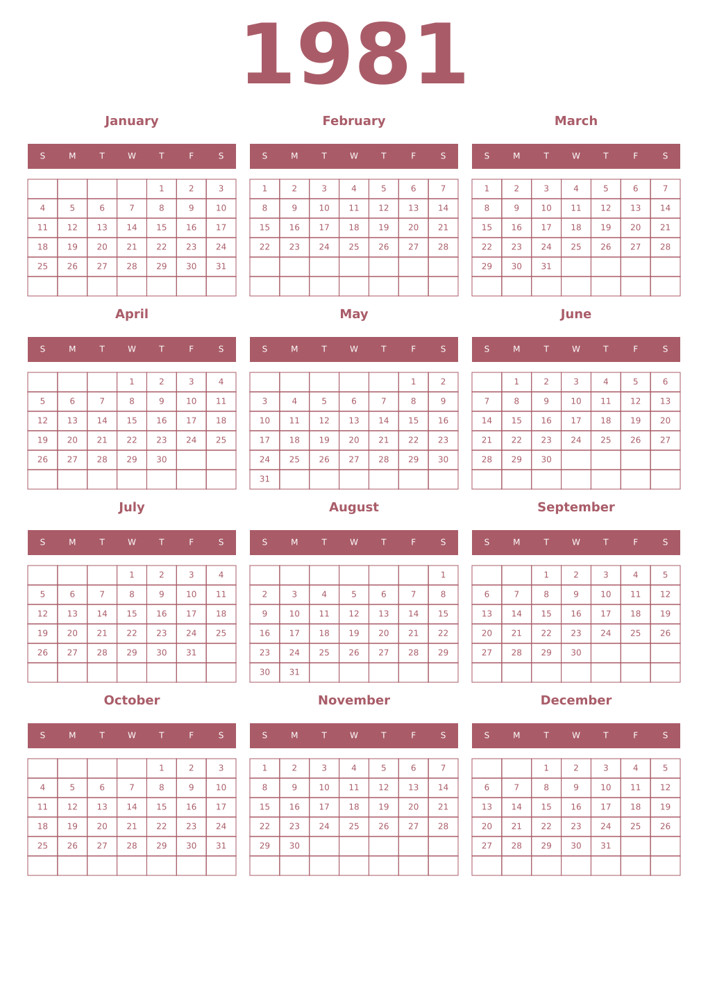 Printable 1981 Year Calendars puce