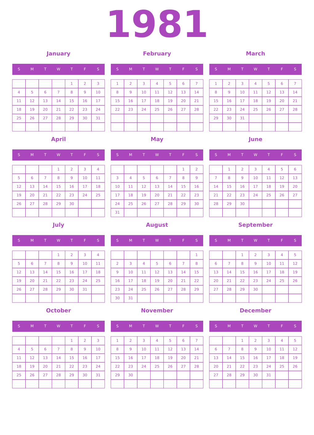 Printable 1981 Year Calendars purple