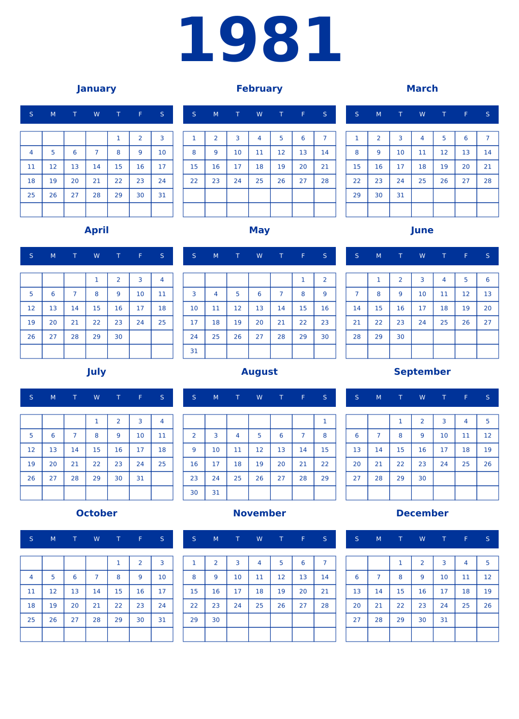 Printable 1981 Year Calendars smalt