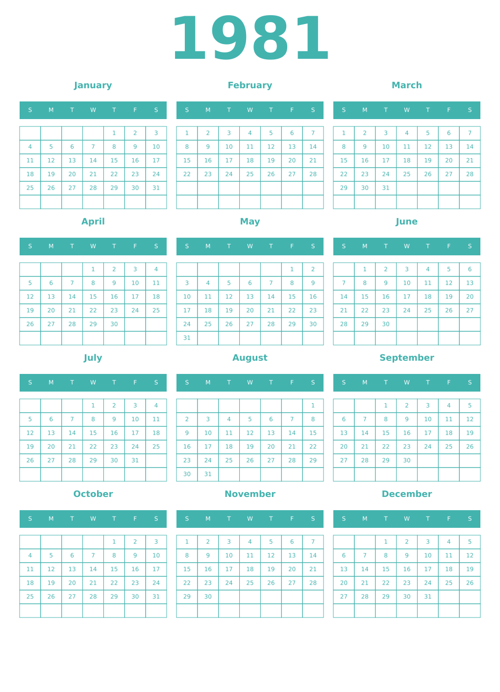 Printable 1981 Year Calendars verdigris