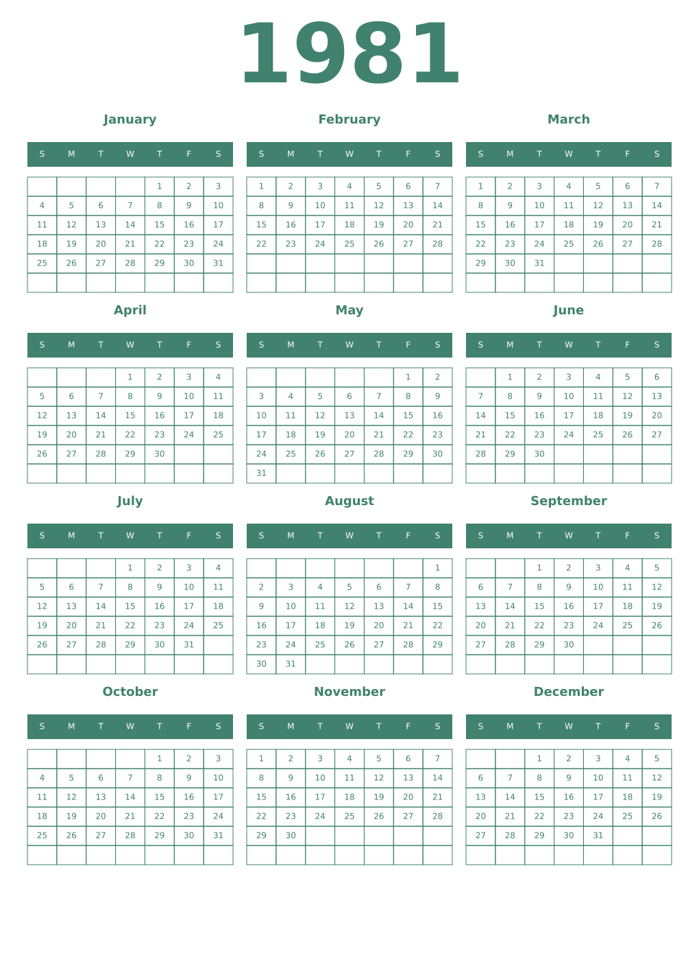 Printable 1981 Year Calendars viridian