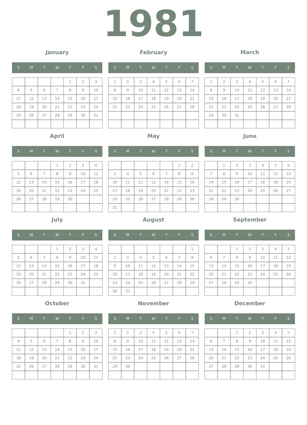 Printable 1981 Year Calendars xanadu