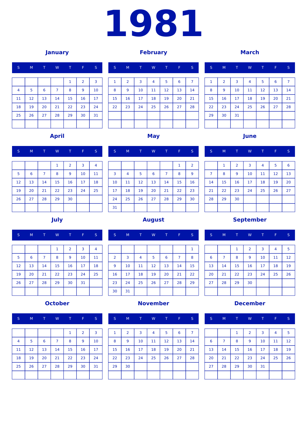 Printable 1981 Year Calendars zaffre