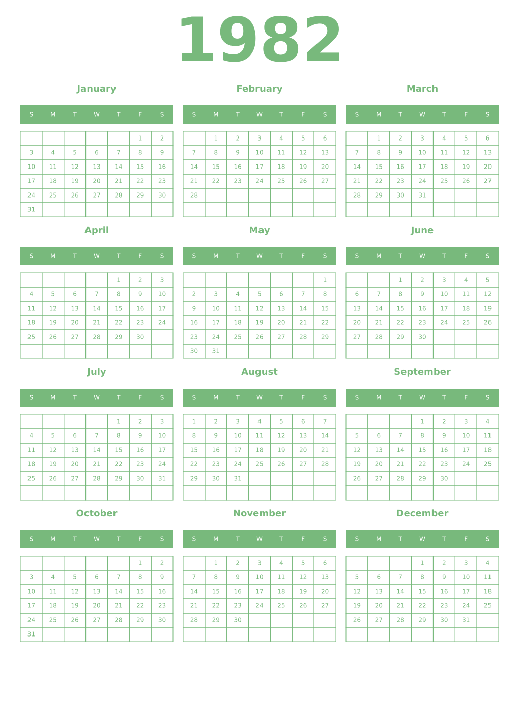 Printable 1982 Year Calendars celadon