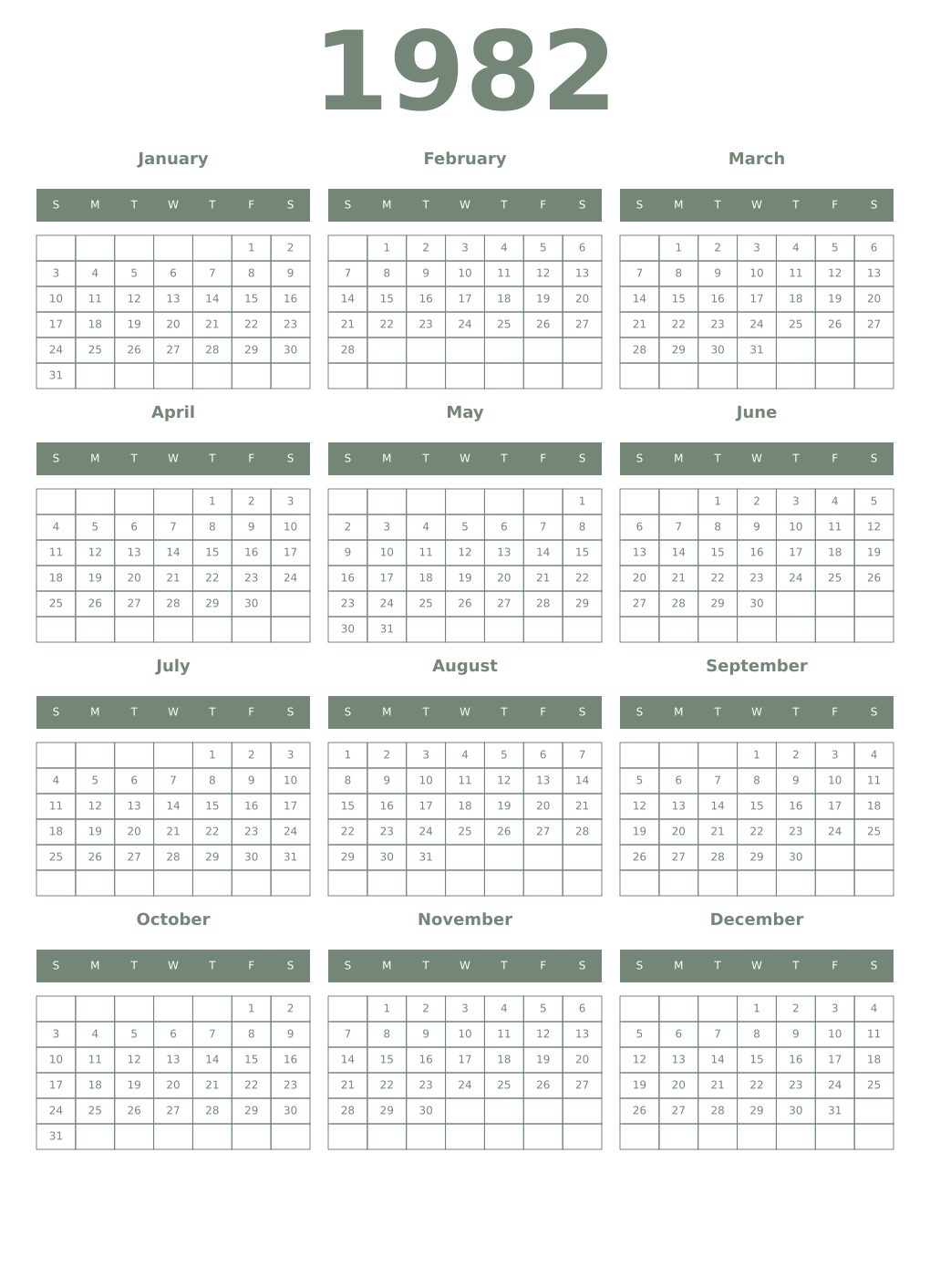 Printable 1982 Year Calendars xanadu