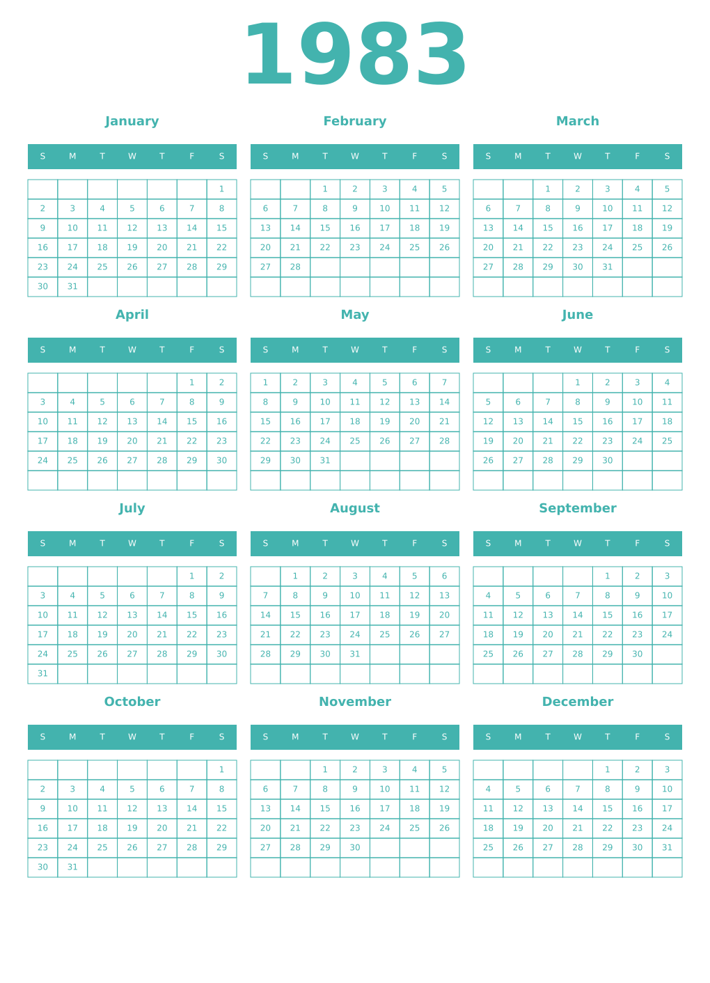 Printable 1983 Year Calendars verdigris