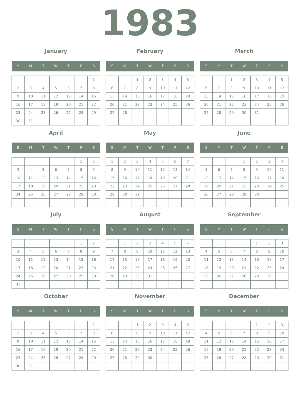 Printable 1983 Year Calendars xanadu