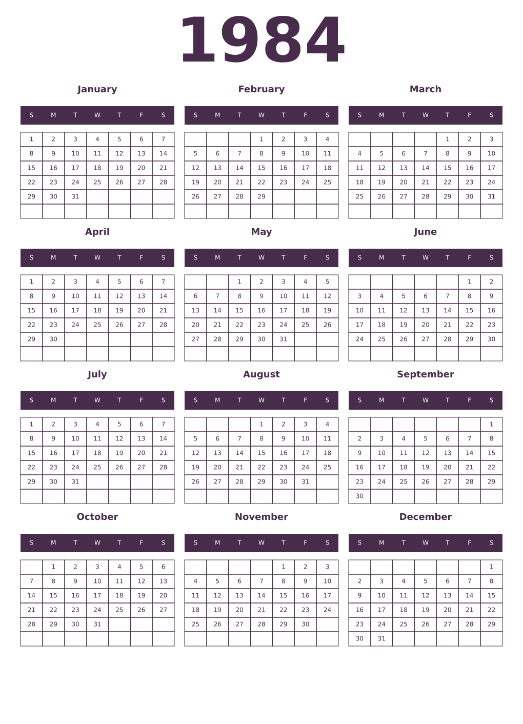Printable 1984 Year Calendars aubergine