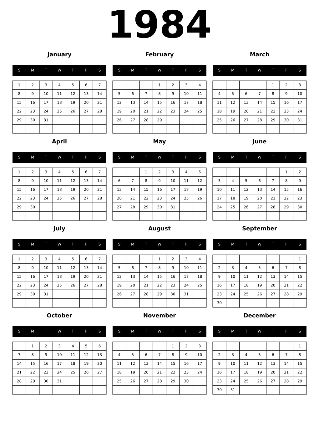 Printable 1984 Year Calendars black