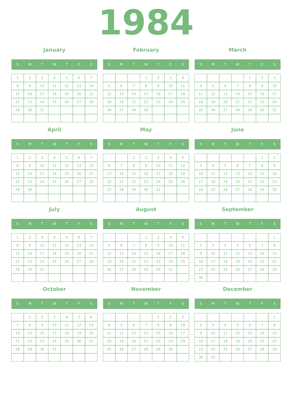 Printable 1984 Year Calendars celadon