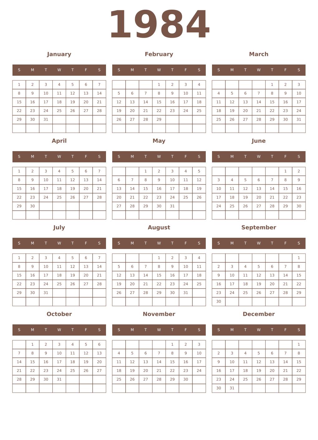 Printable 1984 Year Calendars coffe