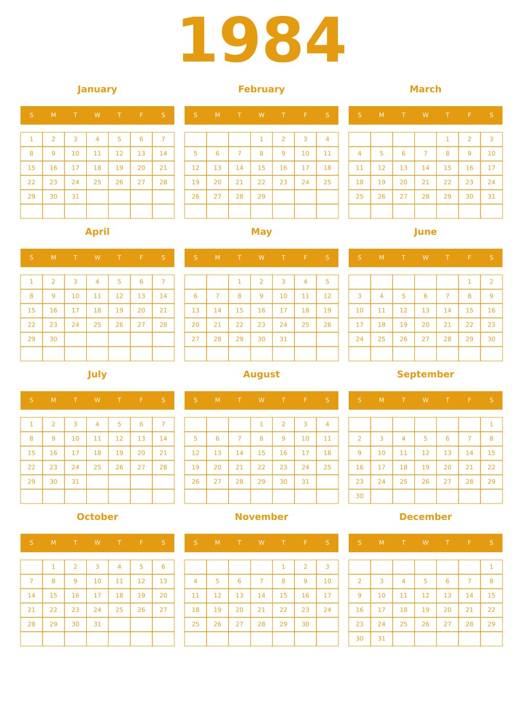 Printable 1984 Year Calendars gamboge