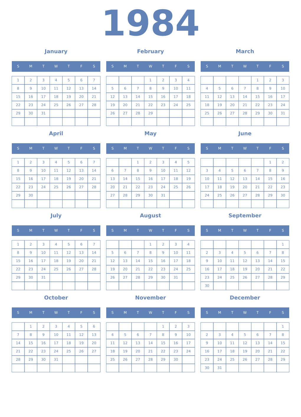 Printable 1984 Year Calendars glaucous