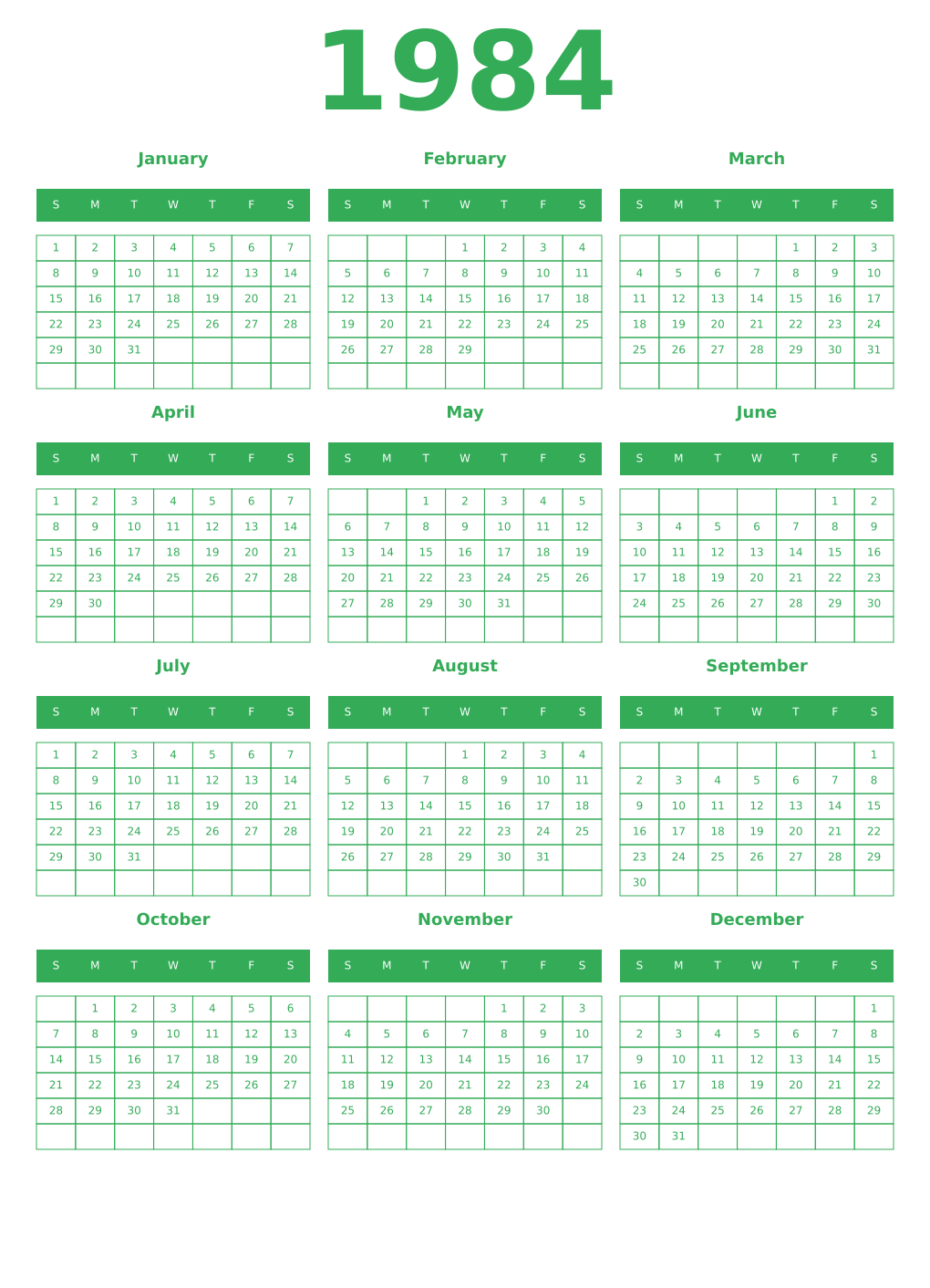 Printable 1984 Year Calendars green