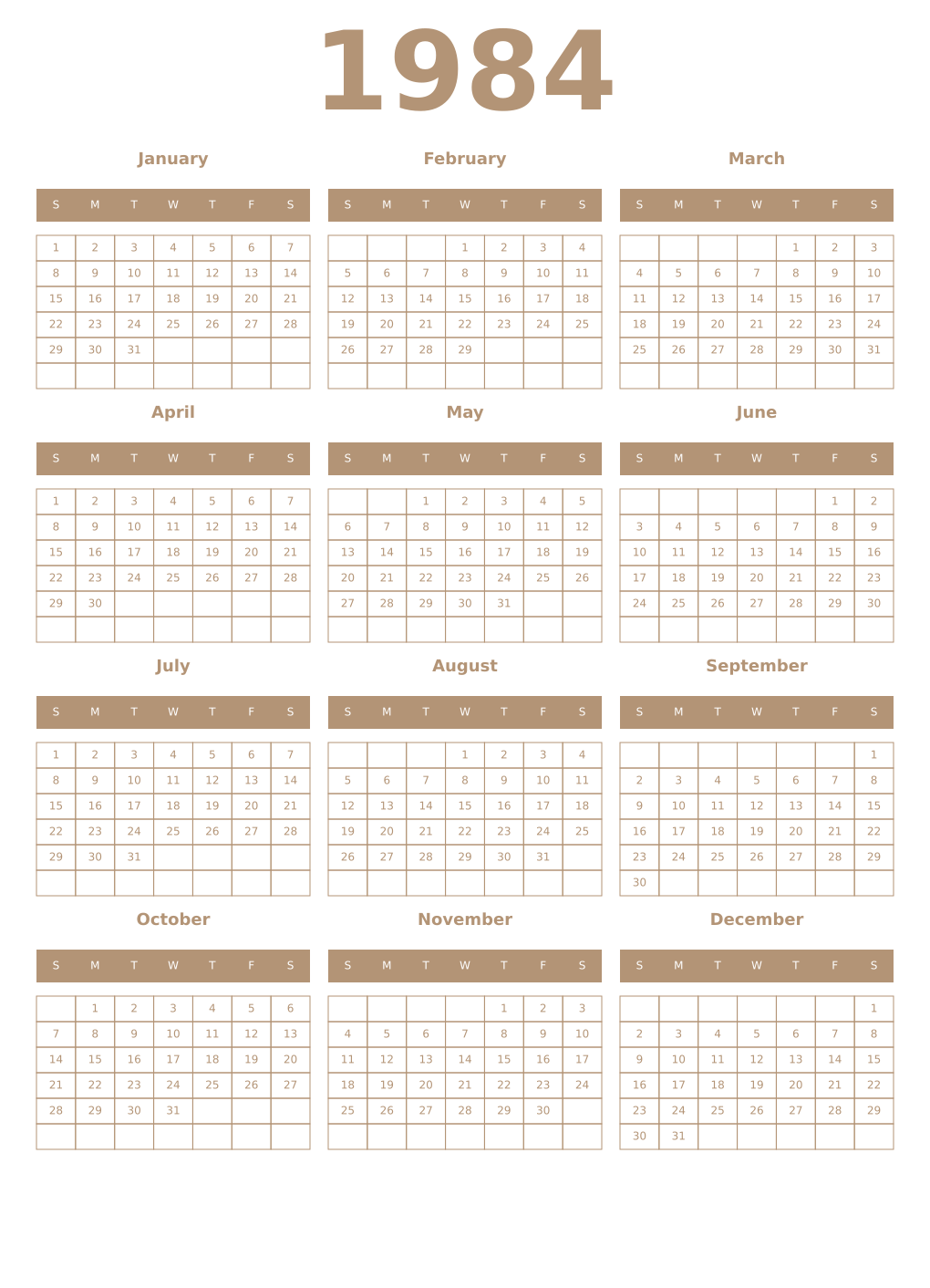 Printable 1984 Year Calendars isabelline