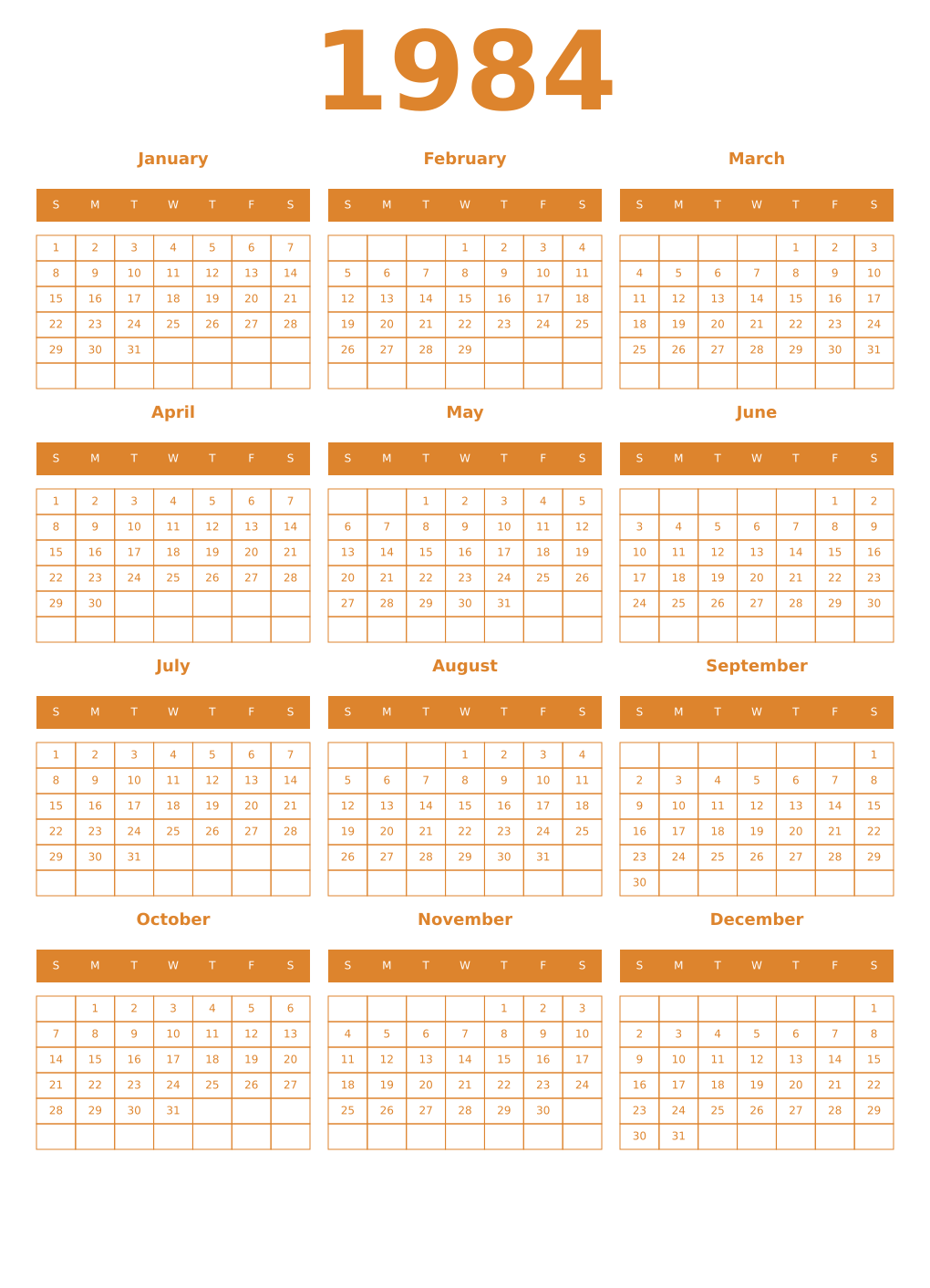 Printable 1984 Year Calendars orange