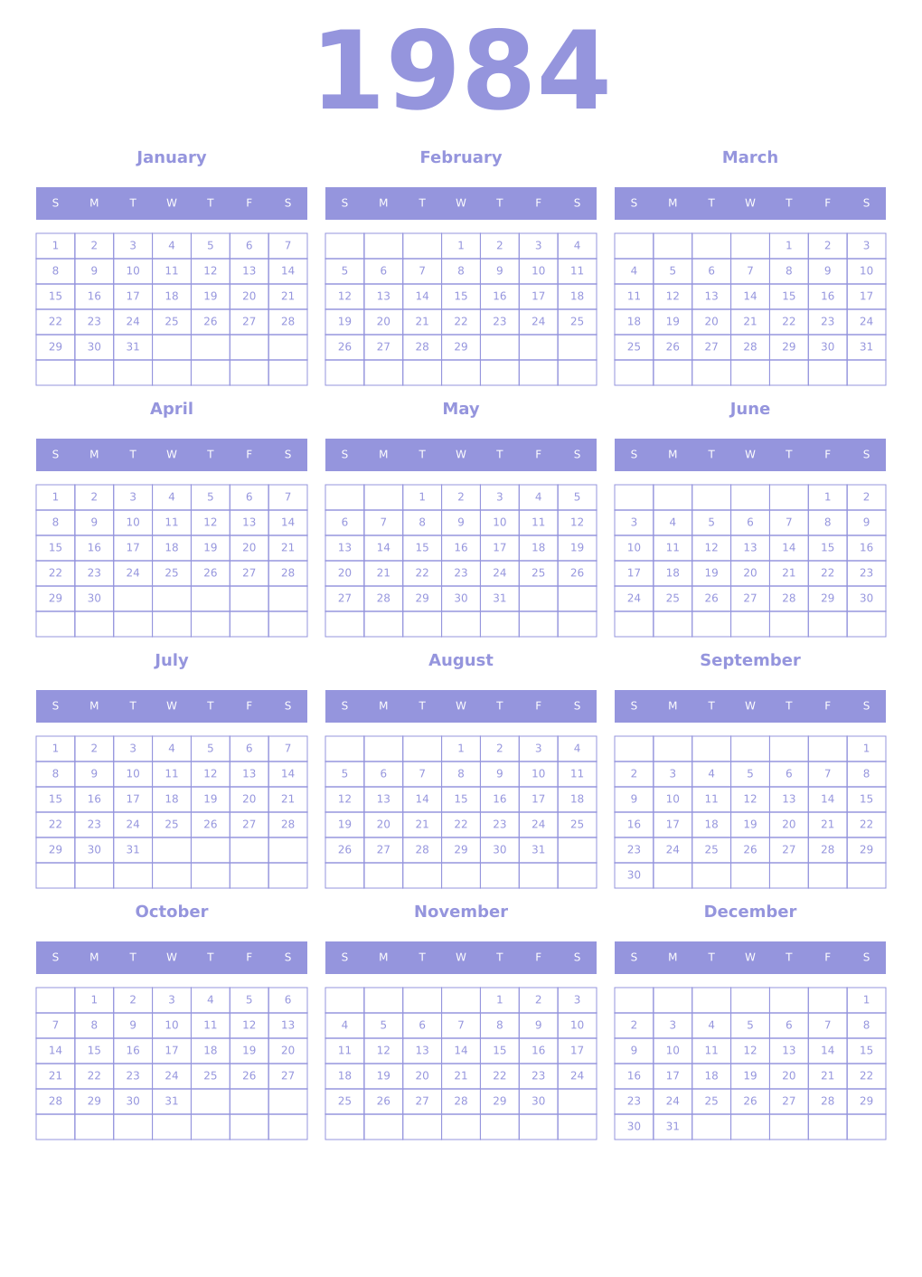 Printable 1984 Year Calendars periwinkle