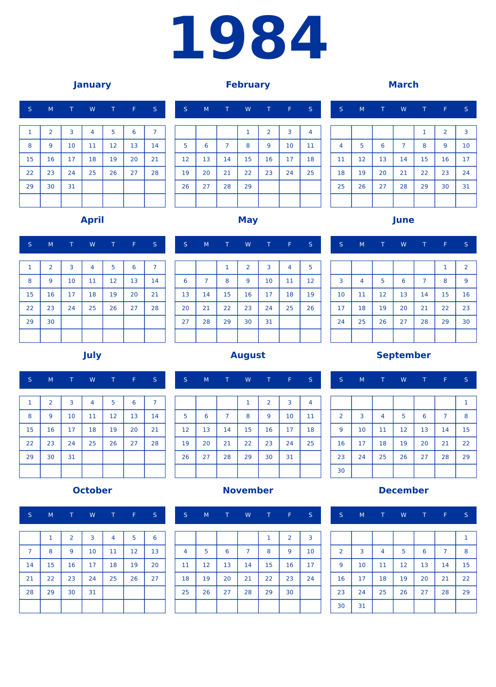 Printable 1984 Year Calendars smalt