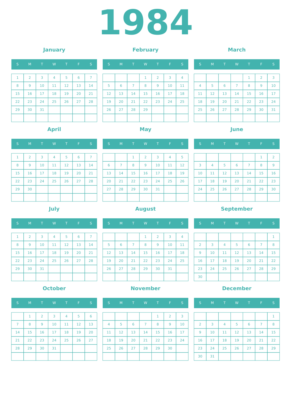 Printable 1984 Year Calendars verdigris
