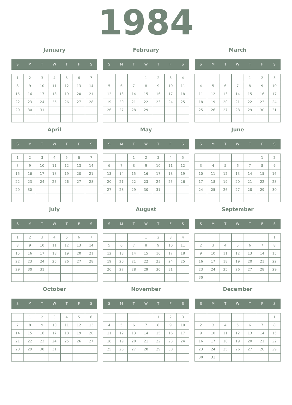 Printable 1984 Year Calendars xanadu