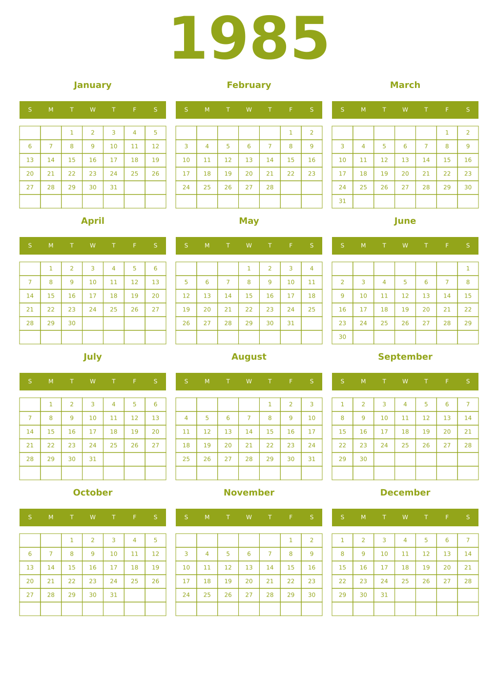 Printable 1985 Year Calendars chartreuse