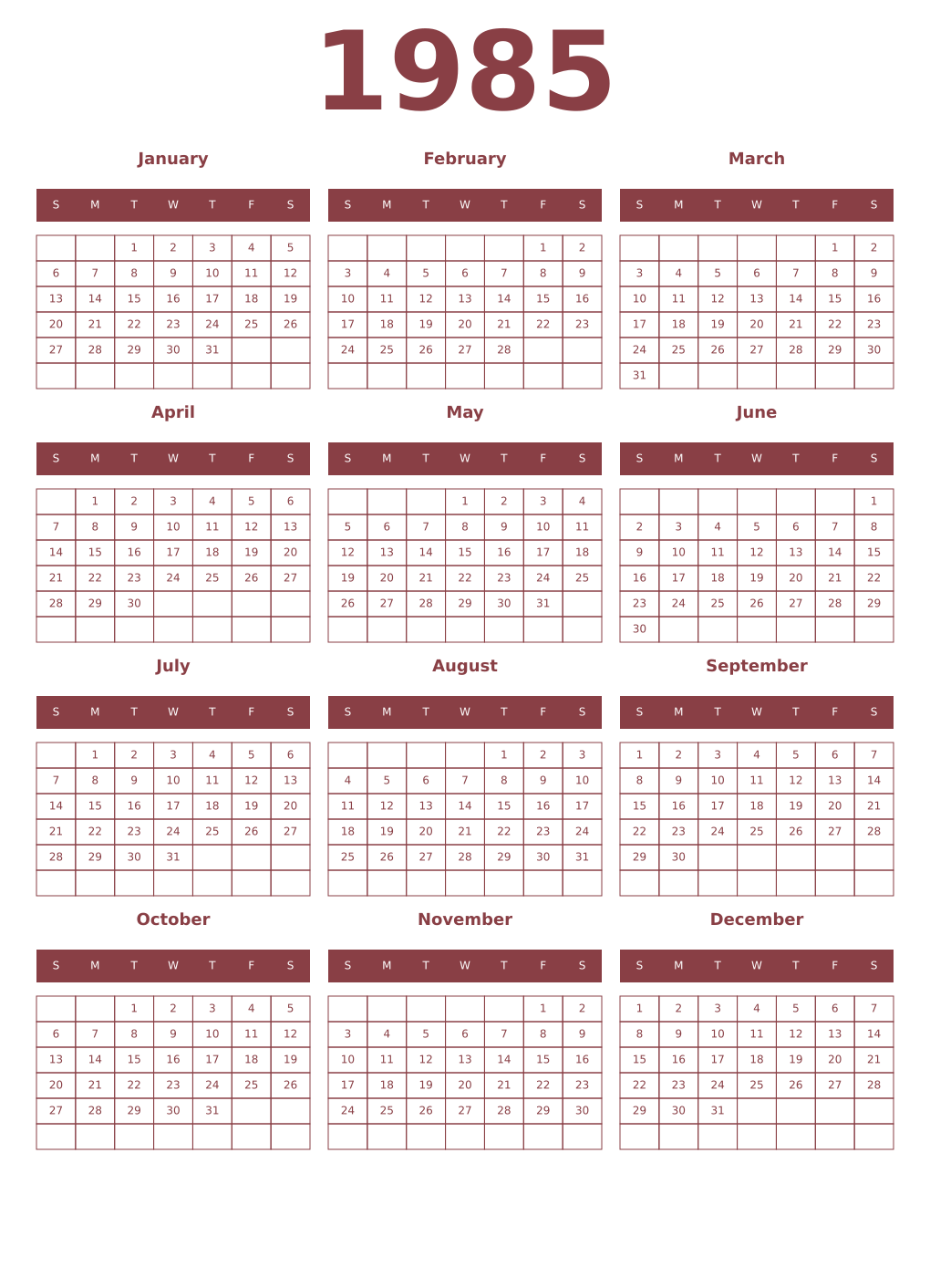 Printable 1985 Year Calendars cordovan