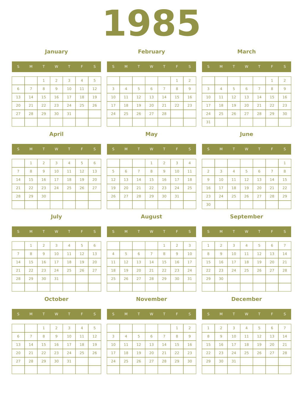 Printable 1985 Year Calendars eburnean