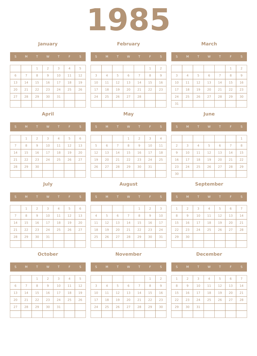 Printable 1985 Year Calendars isabelline