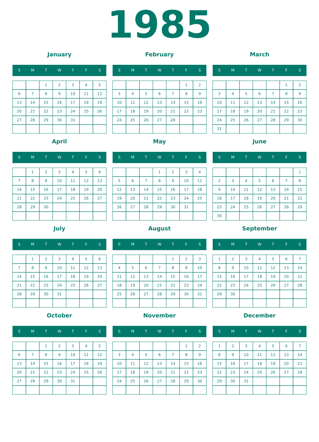 Printable 1985 Year Calendars pastel