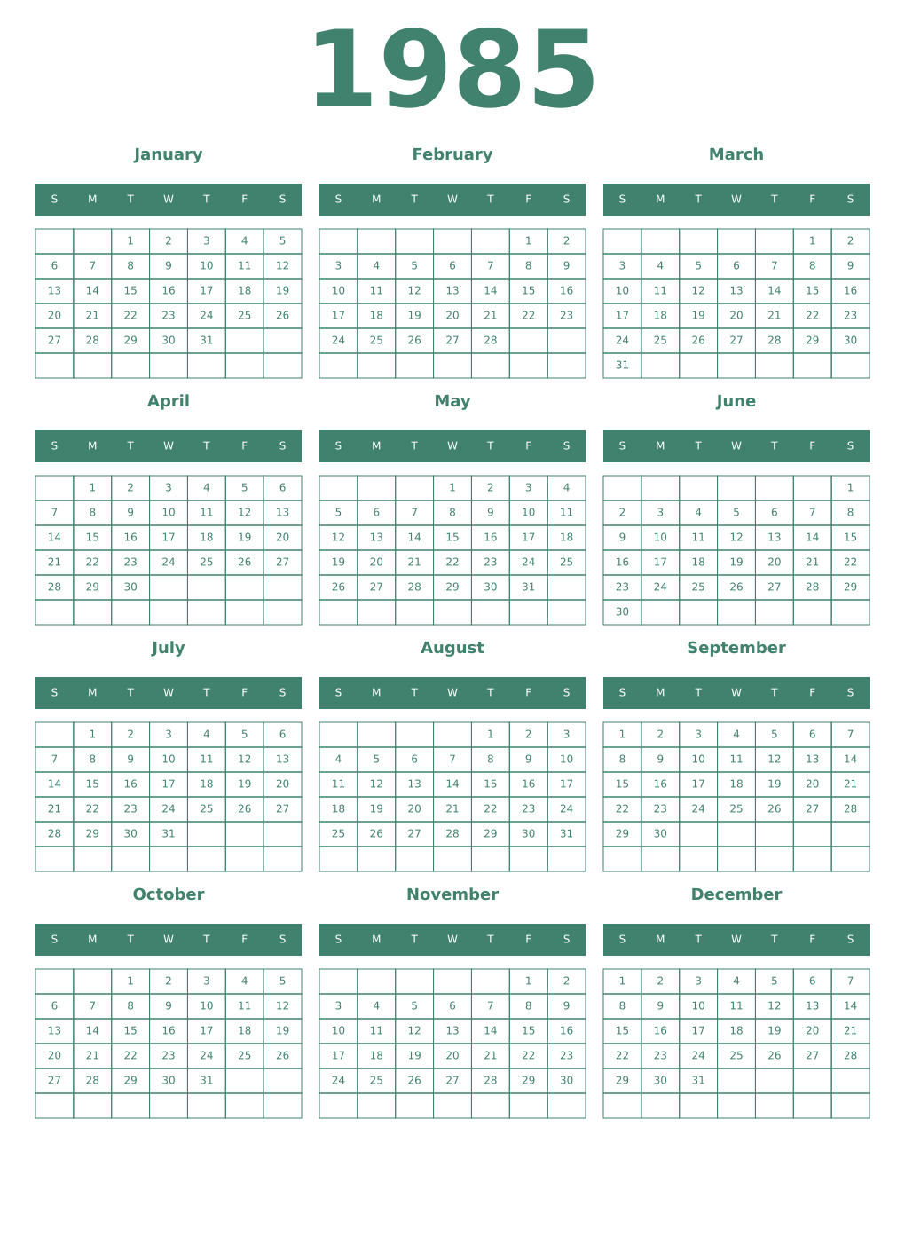Printable 1985 Year Calendars viridian
