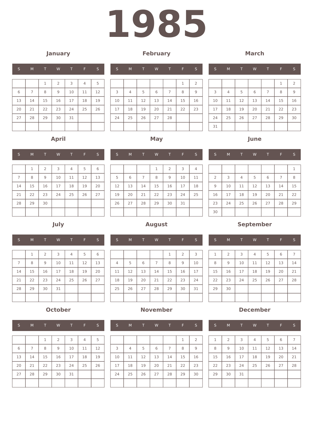 Printable 1985 Year Calendars wenge