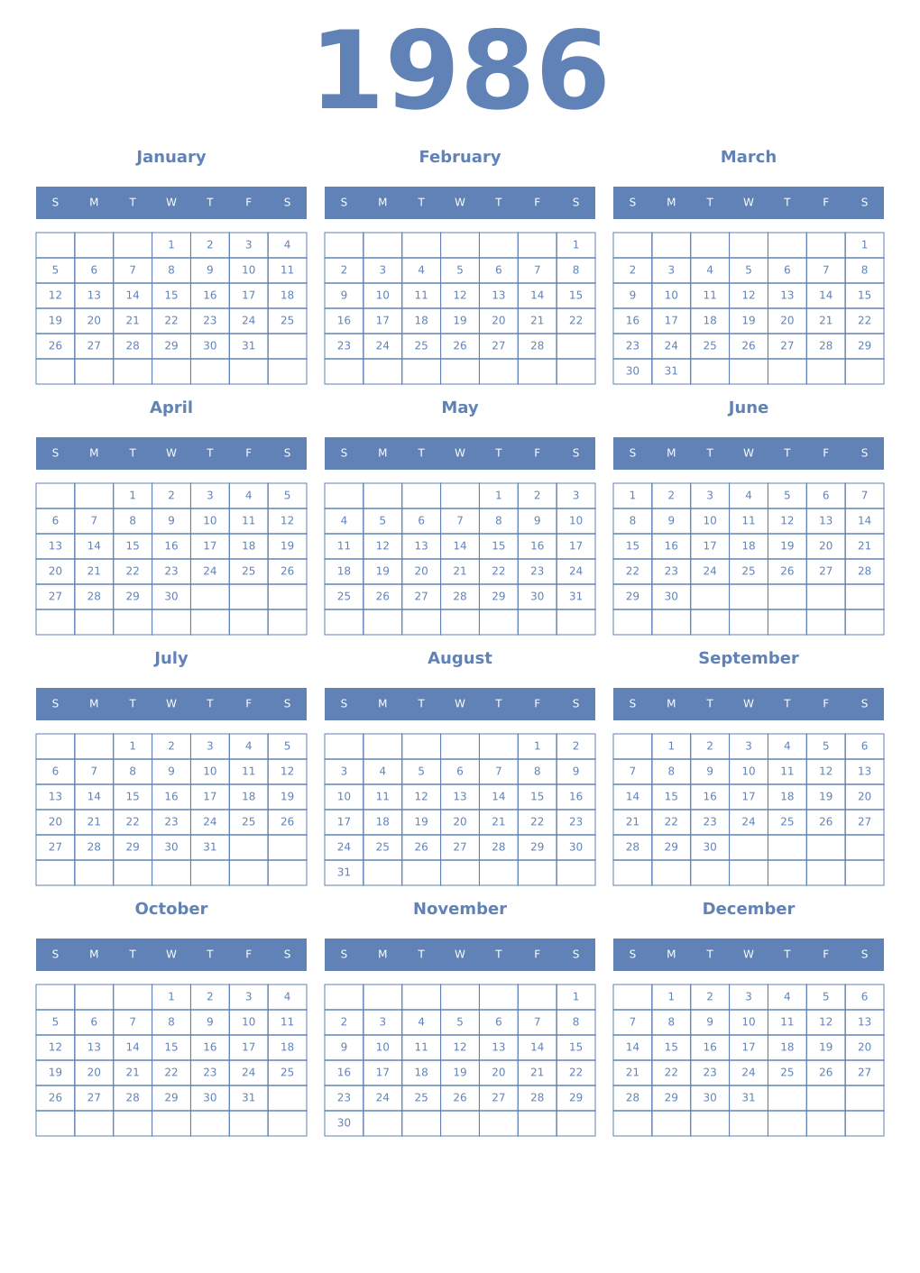 Printable 1986 Year Calendars glaucous