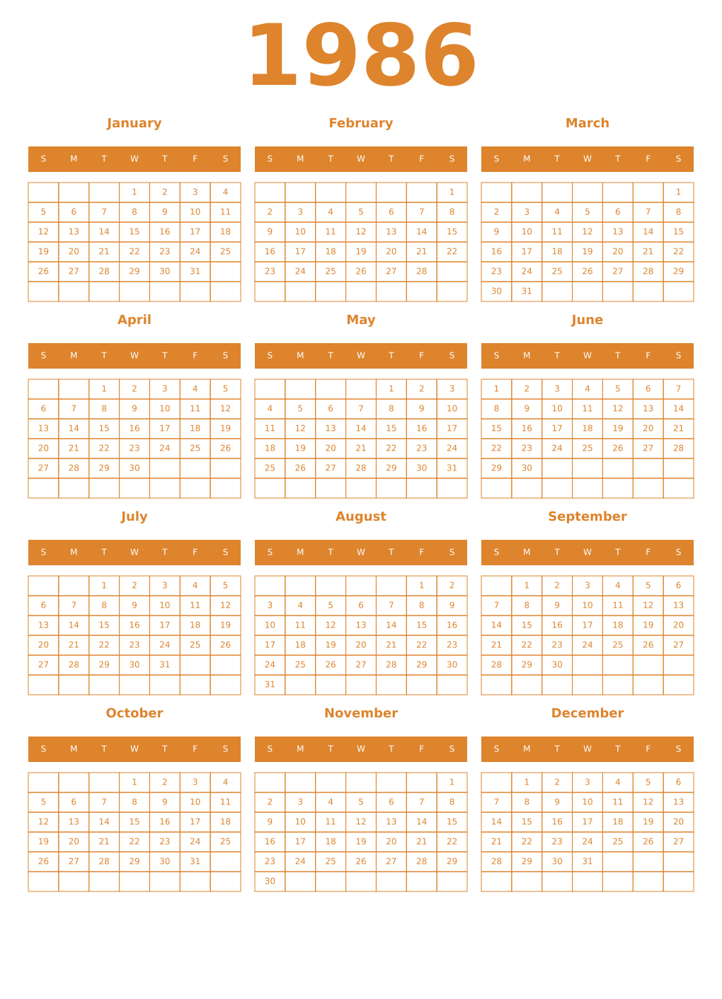 Printable 1986 Year Calendars orange