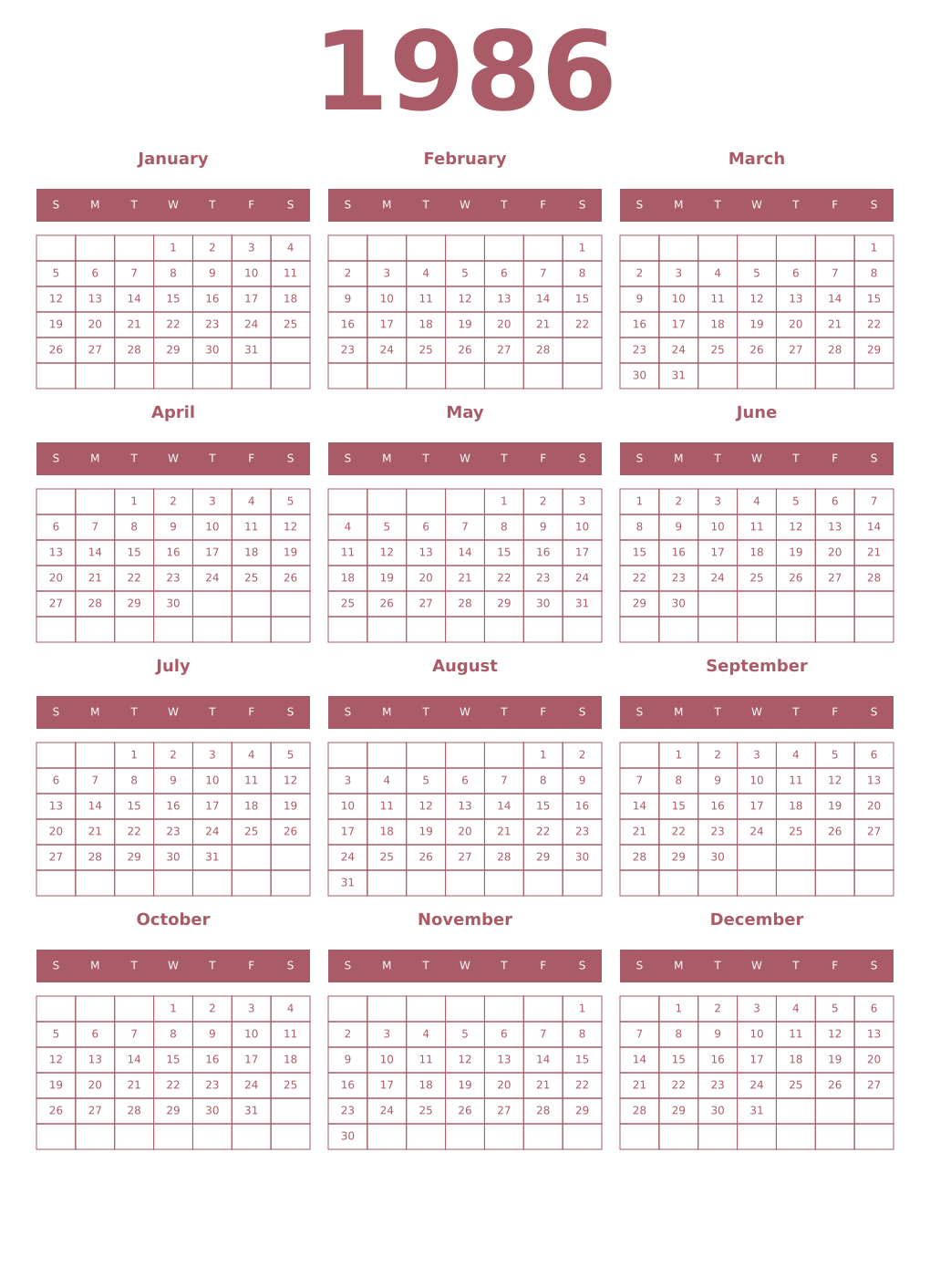 Printable 1986 Year Calendars puce
