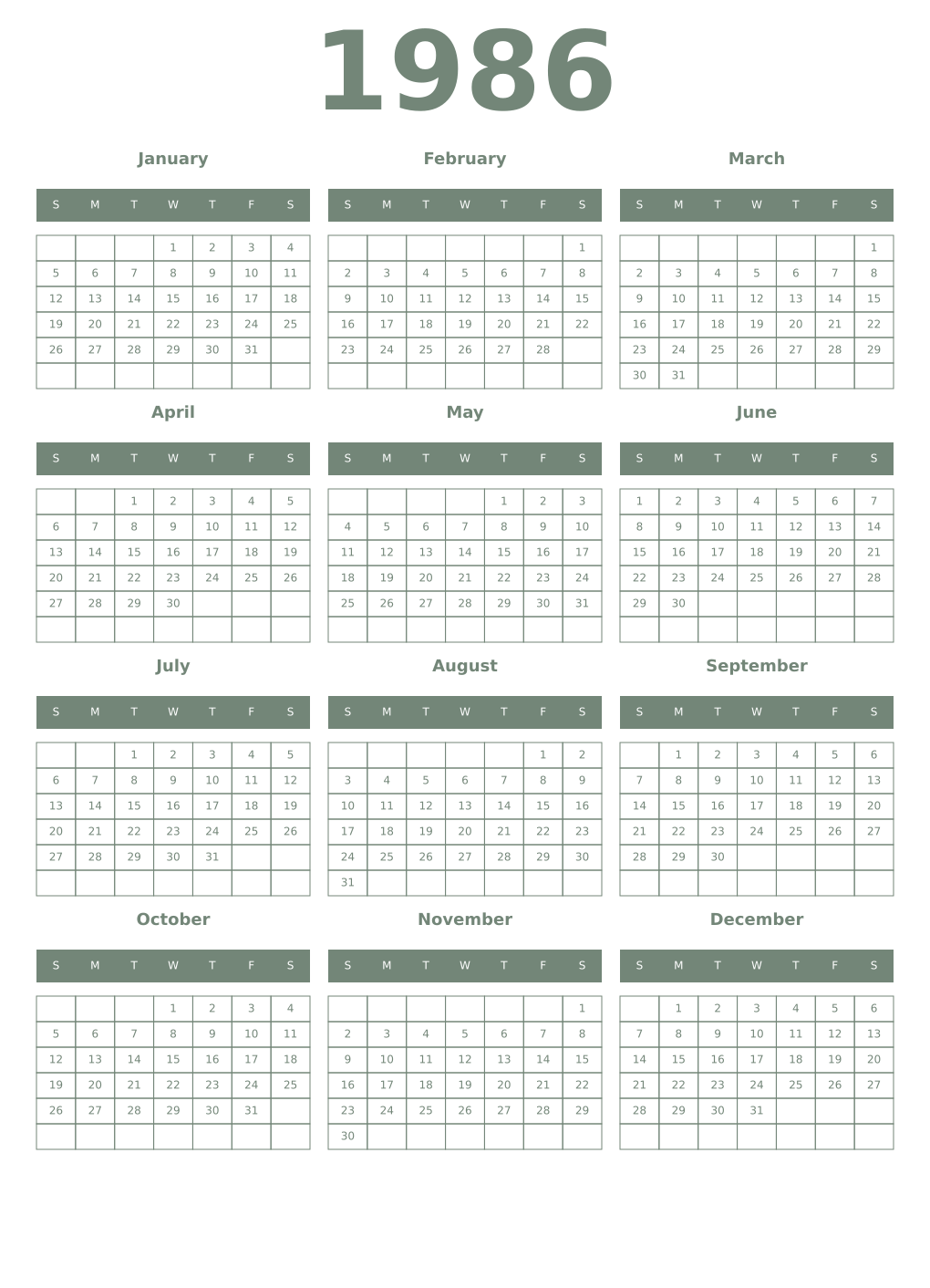 Printable 1986 Year Calendars xanadu