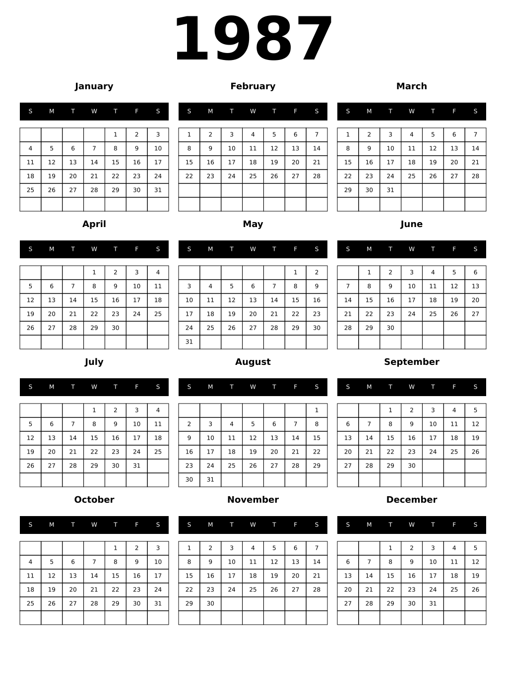 Printable 1987 Year Calendars black