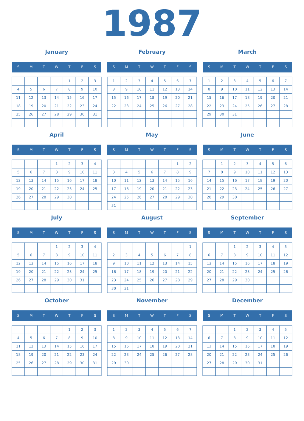 Printable 1987 Year Calendars blue