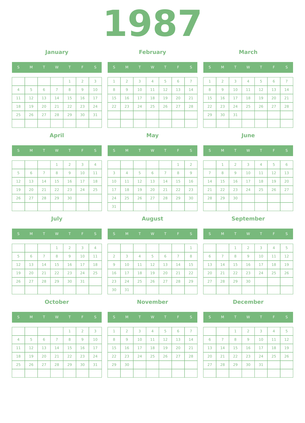 Printable 1987 Year Calendars celadon