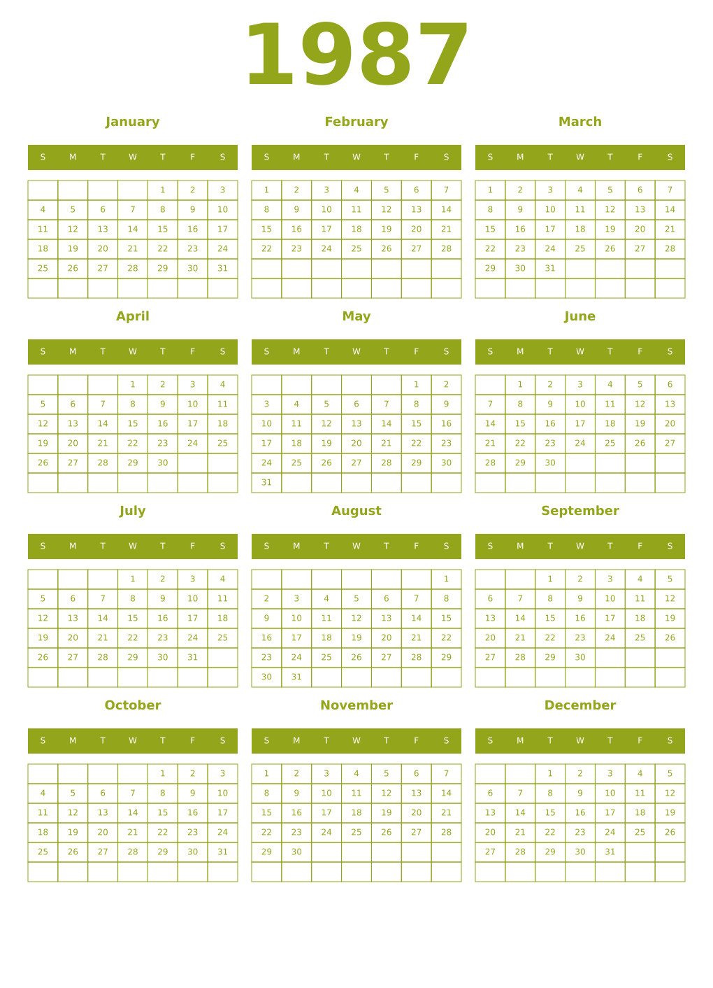 Printable 1987 Year Calendars chartreuse