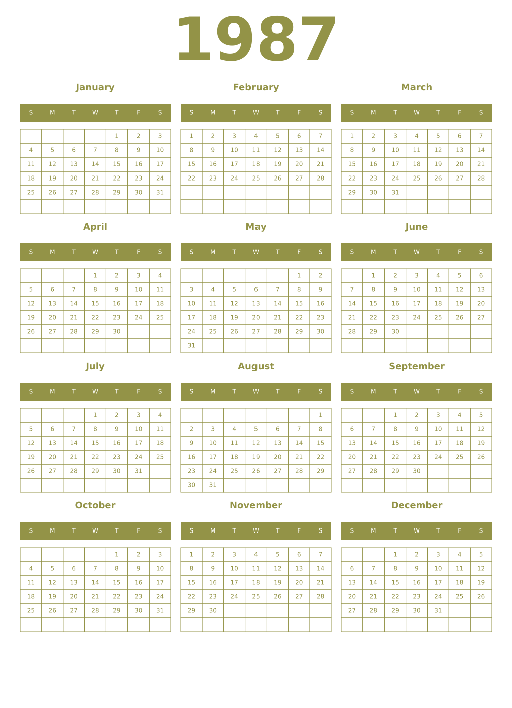 Printable 1987 Year Calendars eburnean