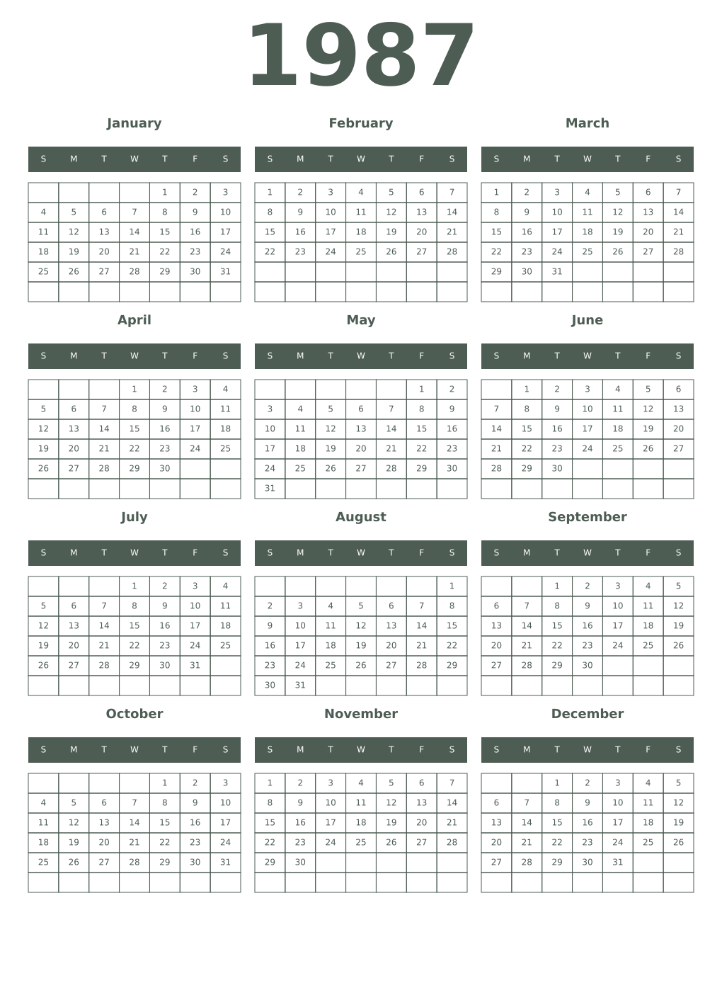 Printable 1987 Year Calendars feldgrau