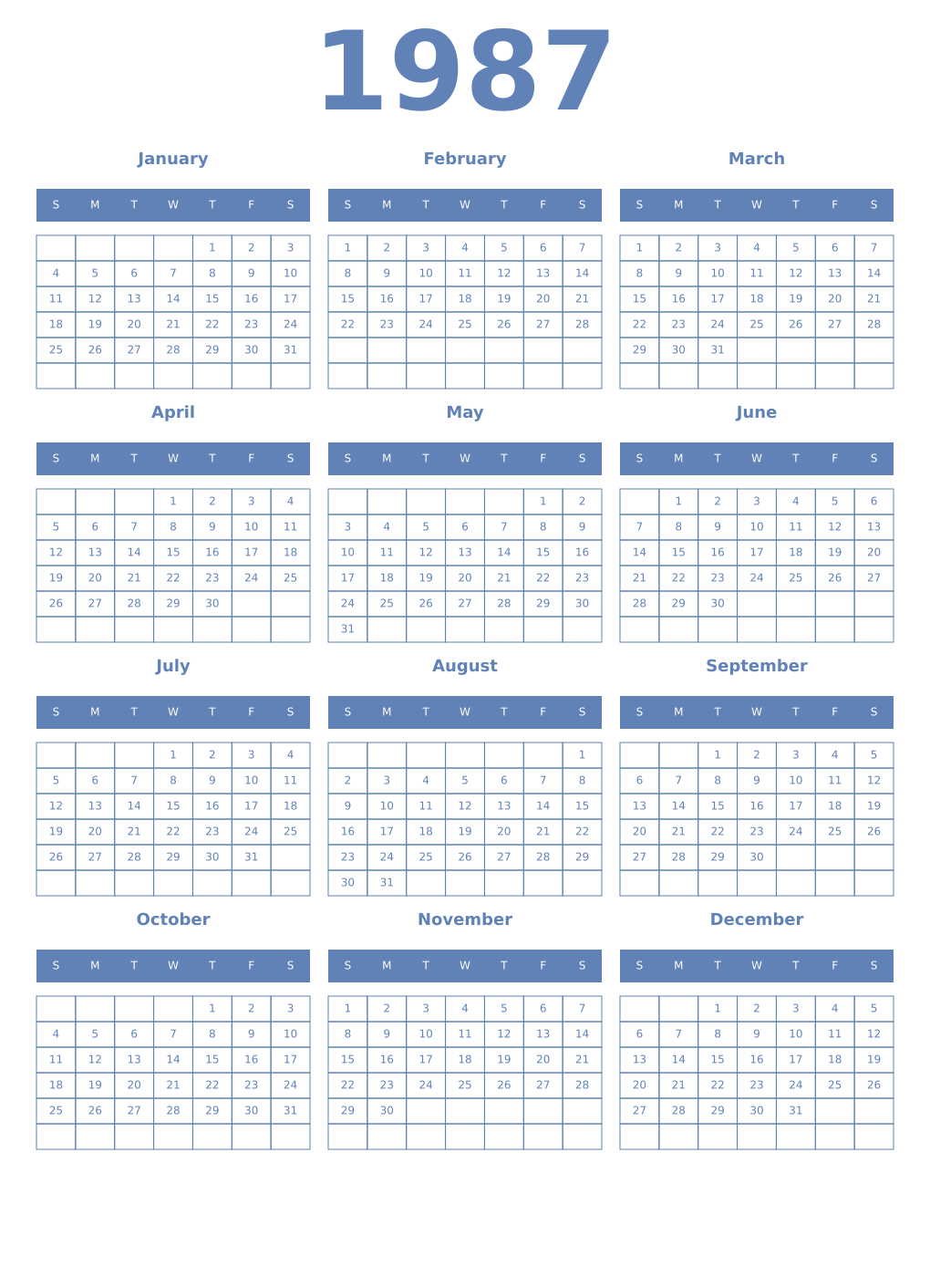 Printable 1987 Year Calendars glaucous