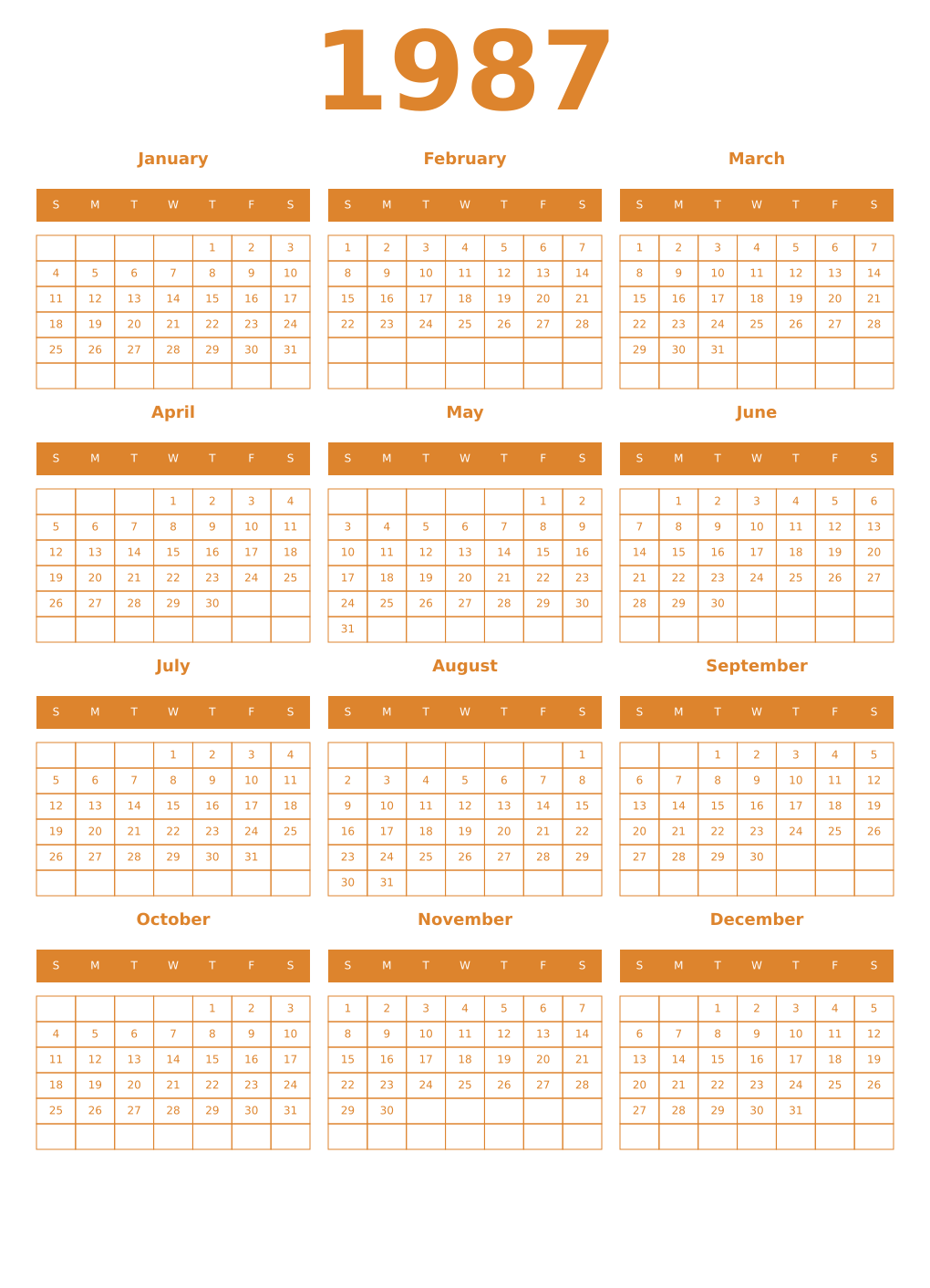 Printable 1987 Year Calendars orange