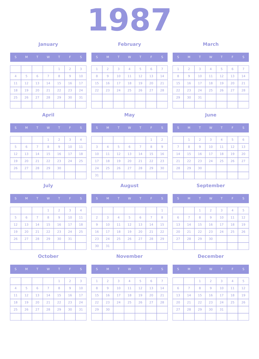 Printable 1987 Year Calendars periwinkle